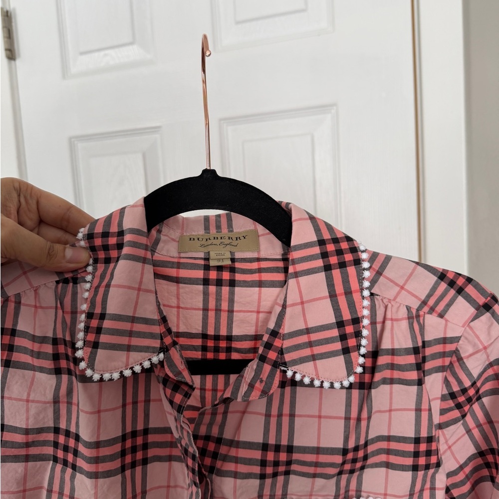 Burberry Pink Plaid Lace Trim Button Down Shirt Business Office - Picture 10 of 11